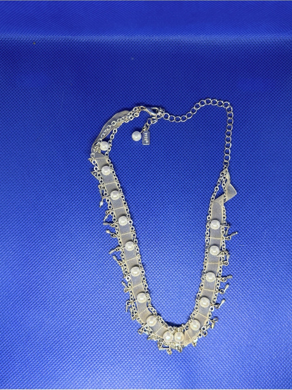 1928 Silver-Tone lace Faux Pearl Fringe Necklace